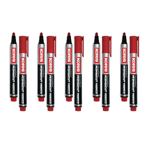 Image of Kores Smoothline+ Permanent Marker Pen, Red | Pack of 10 | Bold, Fade-Resistant & Quick-Dry Ink | Long-Lasting, Non-Toxic, Smooth Writing for Office, School & Home |