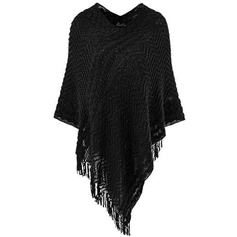 Ferand Women's Elegant Cozy Wrap Poncho Sweater with Chevron Stripes and Fringes, One size , Black Cover