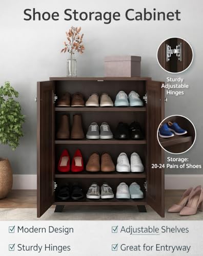 Image of LERIMO 2-Door Engineered Wood Shoe Rack, 4-Tier Wooden Shoe Rack for Entryway, Shoe Storage Cabinet with Doors Adjustable Shelves, Wooden Shoes Rack Organizer (Brown, 2 Door)
