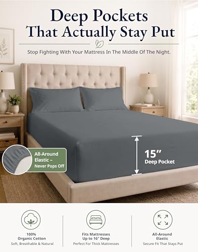 Image of LANE LINEN King Size Fitted Sheet, 100% Organic Cotton, 3-Piece Set (1 Fitted Sheet,2 Pillowcases), Percale Weave, Ultra Soft, Breathable,Fits Mattress Upto 15 inch Deep - Charcoal (No Flat Sheet)