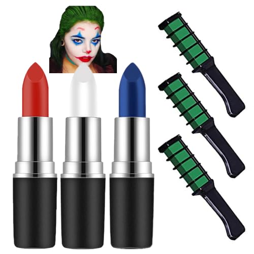 Mysense Clown Makeup Kit,Red White and Blue Joker Face Body Paint Stick,Cream Facepaint and Green Temporary Hair Color Chalk for Halloween Costume Cosplay Party DIY