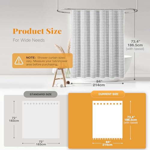 Image of BTTN 84 Inch Wide Shower Curtain - W84xH72 Inch Linen Boho Farmhouse Fabric Shower Curtain Set with 14 Plastic Hooks, Large Country Thick Water-Resistant Cloth Bath Curtains for Bathroom - Grey /Gray