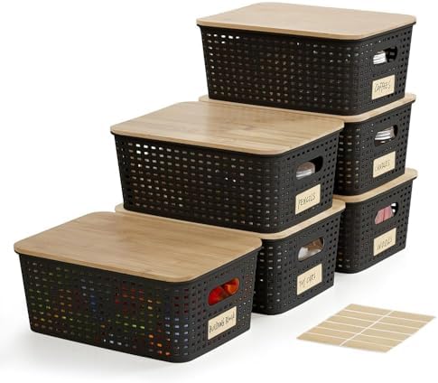 Small Plastic Storage Bins with Bamboo Lids 5.2qt Stackable Box B...