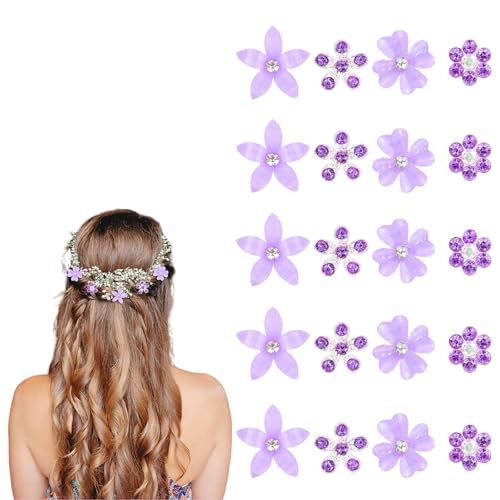 TELAIN 20 mini pinzas para el pelo con flores con brillantes | Pequeñas pinzas para el pelo con flores moradas | Horquillas para el pelo de boda y accesorios para el pelo de novia para niñas y mujeres