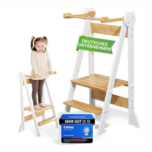 Lernturm Montessori Platzsparend und h&ouml;henverstellbar aus Bambus mit Kippschutz & Anti-Rutsch-Trittfl&auml;che f&uuml;r Kinder ab 1 Jahr (Klappbar) Learning Tower, Tritthocker, Schemel f&uuml;r Kinder