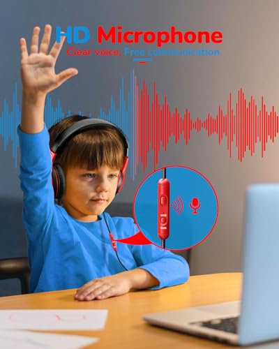 Image of awatrue Kids Headphones for School Travel, 85 /94dB Safe Volume Limit, 3.5mm Jack, HD Mic, Portable Wired Headphone with Shareport, Stereo Sound On-Ear Headphones for Toddler Kids Girls Boys BlackRed