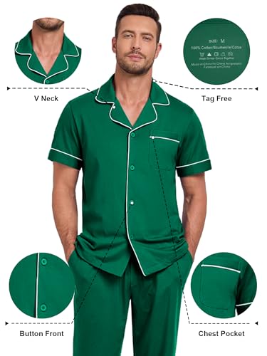 Image of COLORFULLEAF 100% Cotton Mens Pajamas Set Short Sleeve Loungewear with Long Pants Button Down Sleepwear Soft Comfy Pj for Men