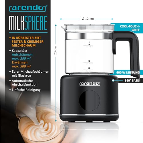 Arendo – Milchaufschäumer elektrisch – 500 ml – 6 Automatikprogramme – Milchschaum für heiß und kalt – 2 Einsätze – Milchschäumer für Cappuccino Latte Macchiato heiße Schokolade – Bild 2