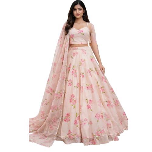Women's Floral Lehenga Choli Set, Pink Blossom Print, Crop Top