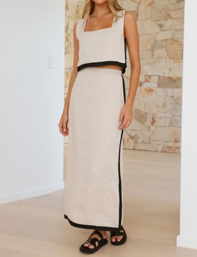 IDEALSANXUN Two Piece Sets for Women Summer Cropped Linen Tank Tops and Maxi Skirt Matching Set4