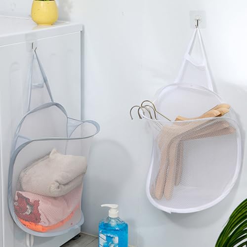 HoAhaMay 2 Stück Hängender Wäschekorb, Wand-Wäschekörbe Faltbarer Mesh Laundry Basket Aufbewahrungskorb auf die Lagerung Pop-Up-Mesh Wäschekorb für Zuhause, Hotel, Reisen, Camping (Weiß/Grau)