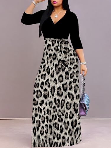 Image of Plus Size Maxi Dress for Women V Neck 3 /4 Sleeve Wrap Dress