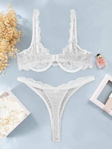 Image of Lilosy Sexy Floral Lace Scallop Underwire Push Up Sheer Lingerie Set Outfits