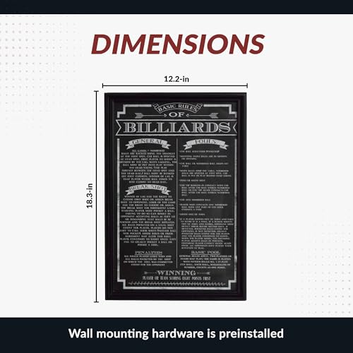 Hathaway Billiard Game Rules Wall Art – Framed Chalkboard-Style with Official Pool Table Rules, Matte Black Wood Frame, Acrylic Front & Preinstalled Hanger – 12.2x18.3 in – Pool Table Accessories