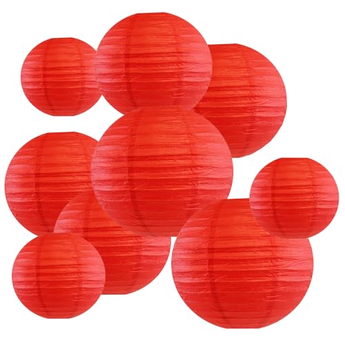 Image of 9pcs Paper Lanterns Assorted Sizes (8 inch 10 inch 12 inch) Hanging Red Chinese Lanterns Graduation Decorations Classroom Graduation Party Wedding Birthday Home Decor (Red)