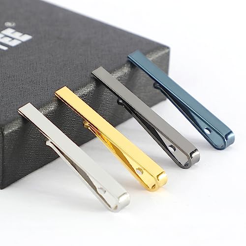 Roctee 4pcs Skinny Tie Clips for Men 1.69 Inch, Tie Clip Tie Bar Tie Bars Pins Clasps Set for Regular Ties Short Slim Thin Ties with Box Black Blue Gold Silver2