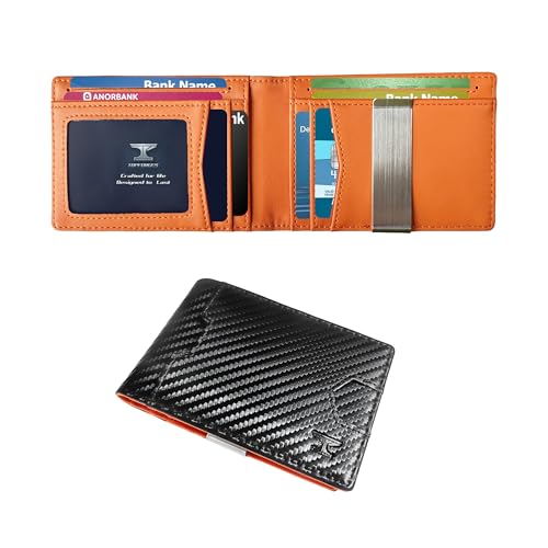 RFID Wallet for Men with Money Clip-Slim Front Pocket Design Ridge Men's Wallet Thin Card Holder holds 11 Cards and Cash ID Window includes Gift Box(Black Orange)