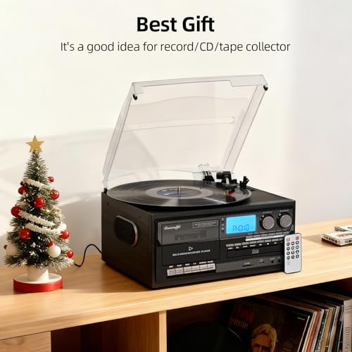 Vinyl Record Player Built-in Speakers 10 in 1 Vintage Turntable with CD Cassette Tape AM FM Radio Function 3 Speed BT Input Output LP Player Support USB SD AUX RCA Playback Auto Stop Retro Wood Black