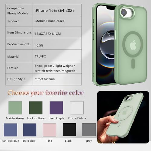 Image of Magnetic iPhone 16E /17e case,Compatible with Magsafe, Military-Grade Protection,Slim Translucent Matte Shockproof with Anti-Scratch Anti-Fingerprint Phone Cover (Matcha Green, iPhone 16E /17e)