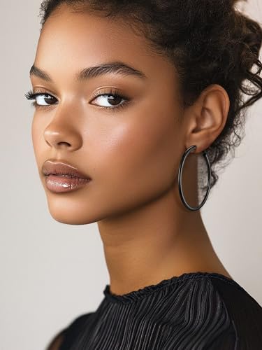 Image of Stainless Steel Chunky Hoop Earrings For Women, Minimalist and Chic, Black /Gold Plated, Round Hoops Earrings Hypoallergenic, Size: 30mm /40mm /60mm /80mm, Come with Box