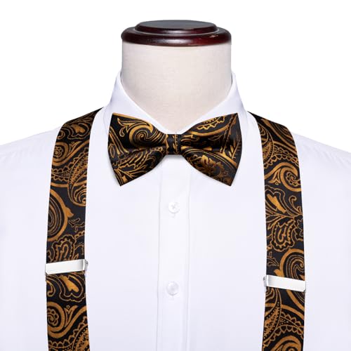Image of Dubulle Suspender and Bow Tie for Men Paisley Solid Mens Suit Braces Pretied Bowtie and Handkerchief Cufflinks Formal Wedding