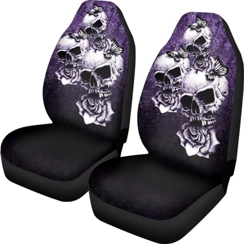 Snilety Juego de 2 fundas para asiento delantero de coche, diseño de calavera y rosa, ajuste universal para la mayoría de vehículos, paquete de 2 cojines de asiento de conductor para sedanes,