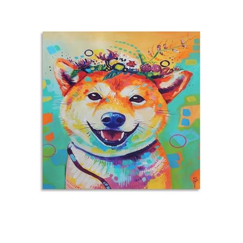 カラフルな犬の抽象アート犬 柴犬 動物アート 絵画 キャンバス ポップアート モダンアート - 壁掛けアート ポスター キャンバス アートパネル ポスター 壁アート モダン リビング ベッドルーム 部屋飾り 油彩画20x20inch(50x50cm)