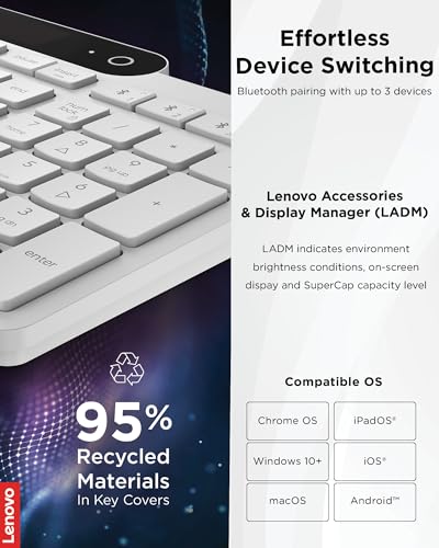 Image of Lenovo 800 Self-Charging Bluetooth Keyboard, Uses Ambient Light for Charging, Bluetooth 5.1, Supports 3 Devices, Battery Free, Wireless, White