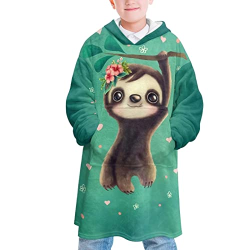 chaqlin Funny Sloth Wearable Blanket Hoodie Boys Girls Cute Sloth Print Oversized Sweatshirt Blanket for Kids Girls Soft Fleece Hooded Blanket with Pockets - Image 3