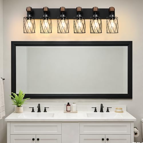 Image of IZORRO Farmhouse Bathroom Vanity Light, 6-Light Wood Bathroom Light Fixtures Over Mirror, Black Industrial Vanity Lights with Metal Shade, Rustic Restroom Lighting Fixtures