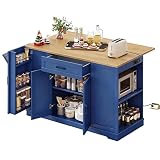 YITAHOME 50' Kitchen Island with Power Outlet & Drop Leaf, Rolling Island Cart with Trash Can Cabinet, Mobile Storage Islands with Microwave Rack, Door Storage Spice Rack, Navy Blue