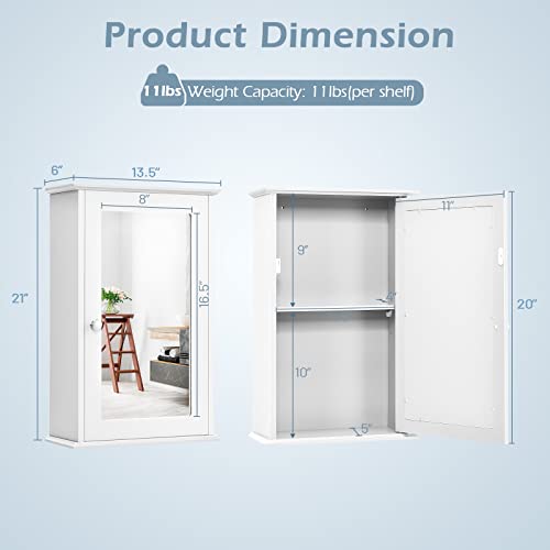 Tangkula Mirrored Bathroom Cabinet, Wall Mount Storage Cabinet With Single Door, Bathroom Medicine Cabinet (White) #TOP2