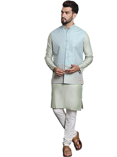 Image of SOJANYA (Since 1958 Men's Jacquard Silk Kurta and Pyjama with Nehru Jacket