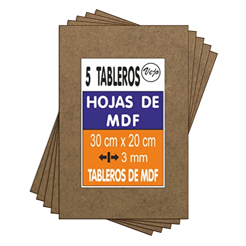 VEJO 5 Tableros MDF / Tablero Manualidades / Paneles MDF Artesanos / 300 x 200 x 3 mm (+/- 0.5mm) / Manualidades Tablero MDF / Ideal para Pirograbado, Trabajos Artesanos, Corte por Laser, Modelado Cover
