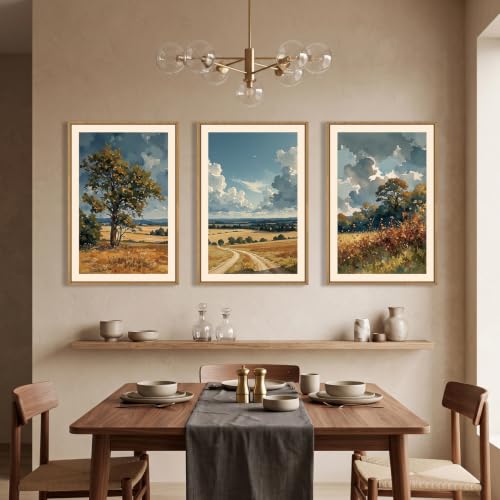 Image of KAIRNE Vintage Country Landscape Framed Canvas Wall Art,Watercolor Pastoral Tree Wall Decor,Neutral Fall Scenery Art Prints,Retro Field Wilderness Artwork for Living Room,Bedroom,Farmhouse-16 x24 x3