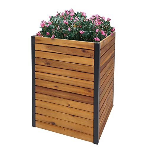 Pflanzkasten HWC-L23, Hochbeet Blumenkasten, Outdoor Akazie Holz FSC®-Zertifiziert Aluminium - 60x42x42cm braun
