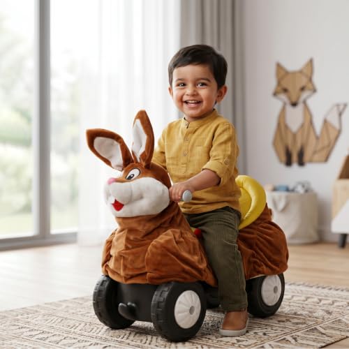 Image of Toyzone Little Soft Rabbit Ride on | Cloth-Covered Ride On Toy with Wheels | Back Support | Indoor & Outdoor Ride-On for Toddlers 1-4 Years