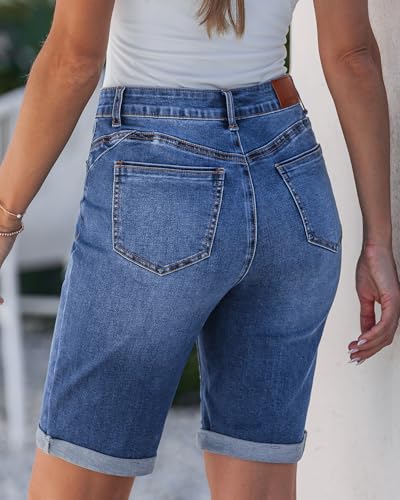 Image of luvamia Bermuda Jean Shorts Women High Rise Stretchy Cuffed Hem Denim Jorts