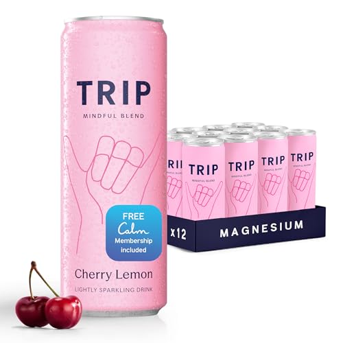 TRIP Lightly Sparkling Adaptogen Drink, Non Alcoholic Drink with Magnesium, Ashwagandha, Lions Mane & L Theanine, No Added Sugar Mocktail, Vegan, Cherry Lemon, 12 Oz, 12Pk