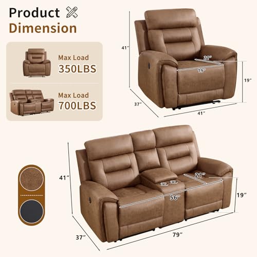 Image of ANJ 2-Piece PU Leather Recliner Sofa Set with Charging Port, Include Single Power Recliner Chair and Electric 2-Seater Loveseat Reclining Couch with Hidden Storage & Cup Holders for Living Room, Brown