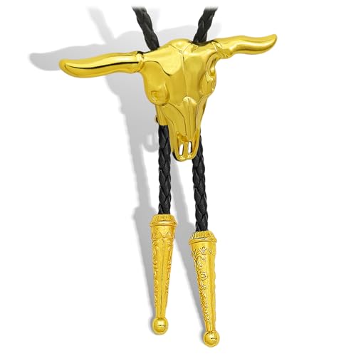 Yjfeshion Cravate bolo vintage en cuir fait à la main pour homme et femme avec tête de taureau, doré, L
