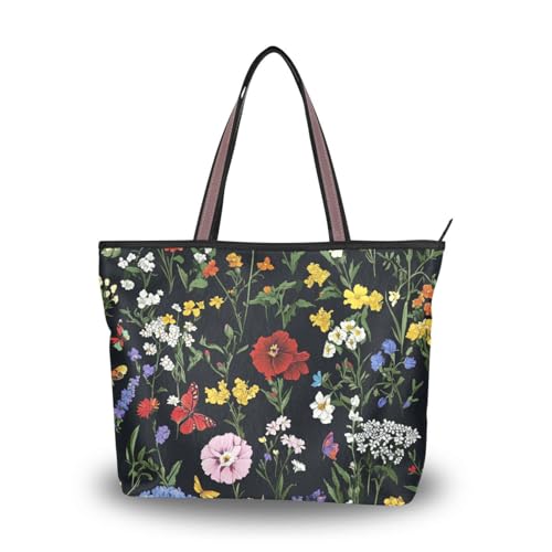 Bolso tote con cremallera y flores vintage coloridas de seda para mujer