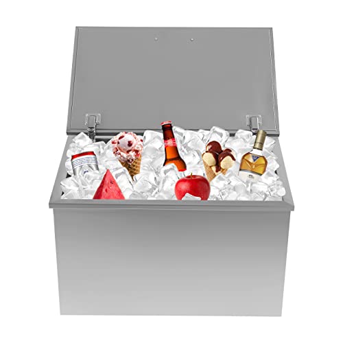 Drop in Ice Chest, 28''L x 18''W x 17''H 304 Stainless Steel Drop in Cooler with Hinged Cover Bar Ice Bin 100L/105Qt Drain-Pipe and Drain Plug Included for Cold Wine Beer (28 * 18 * 17Inch)