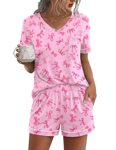 Image of Ekouaer Pajamas for Women Set 2 Piece Short Sleeve Sleepwear Summer Tops and Shorts Pjs Lounge Set S-XXL