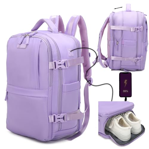 1990s Mochila de viaje cabina expandible para Ryanair 40x25x20-25cm,con bolsa de zapatillas,mochila casual impermeable extensible compatible con portátil 14'- Morada