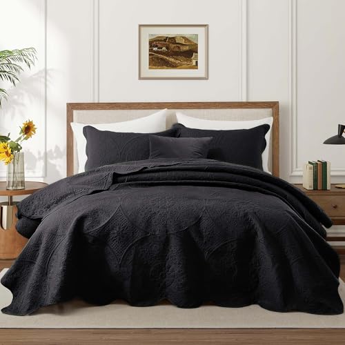 IR Imperial Rooms King Quilt Bedding Set Size (106" x 96") + 2 Pillow Shams (20" x 36"+ 2") - 3 Pcs All Season Lightweight Reversible Microfiber Coverlet Floral Embossed Quilt Bedspread (Black)