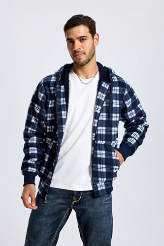 Image of TanBridge Plaid Flannel Hoodie Sherpa Fleece Lined Shirt Jacket Cotton Hoodies Zip Up Winter Warm Coat
