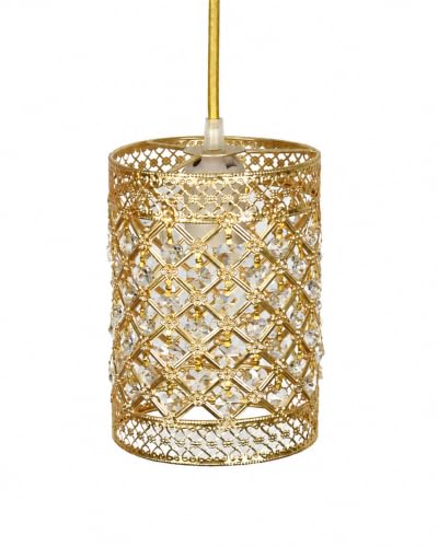 Image of Homesake Moroccan Crystal Hanging Pendant Light, Vintage Metal Jali Ceiling Lamp, Bulb Included for Living Room, Bedroom & Balcony, Warm Ceiling Light, Gold Round
