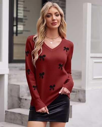 Womens V Neck Knit Sweaters Long Sleeve Lightweight Pullover Printed Cute Tops Winter Casual Fashion Outfits - Image 6