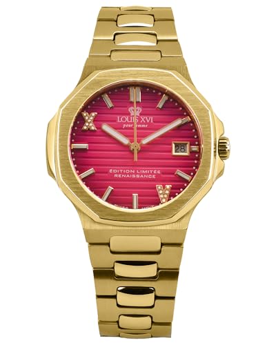 LOUIS XVI Renaissance Femme 6101 - Ø 35 mm - Damen Uhr - Wasserdicht - Armband Gold - Zifferblatt Dark Pink mit Diamanten - Schweizer Quarzwerk